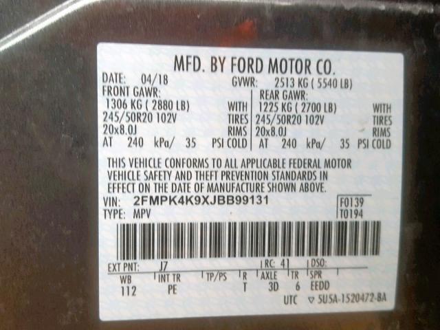 2FMPK4K9XJBB99131 - 2018 FORD EDGE TITAN GRAY photo 10