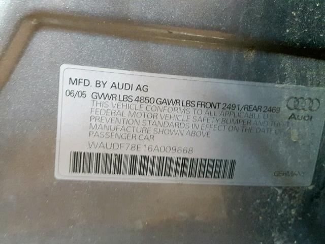 WAUDF78E16A009668 - 2006 AUDI A4 2.0T QU SILVER photo 10