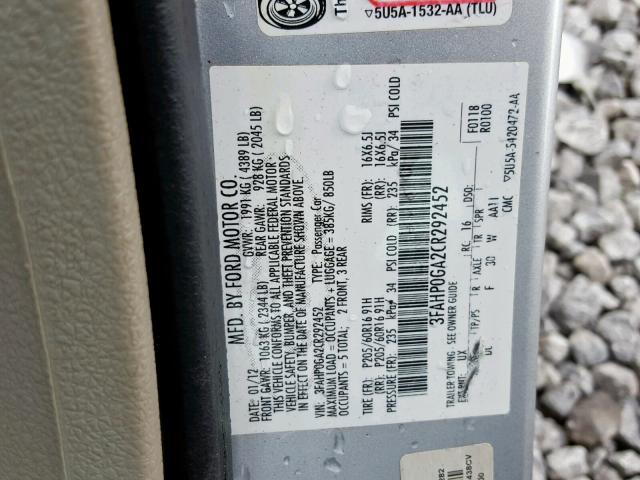 3FAHP0GA2CR292452 - 2012 FORD FUSION S SILVER photo 10