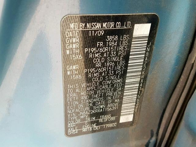 JN8AZ2KRXAT156391 - 2010 NISSAN CUBE BASE BLUE photo 10