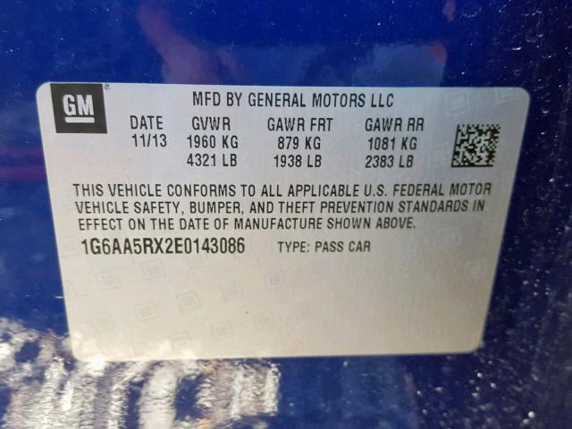 1G6AA5RX2E0143086 - 2014 CADILLAC ATS BLUE photo 10