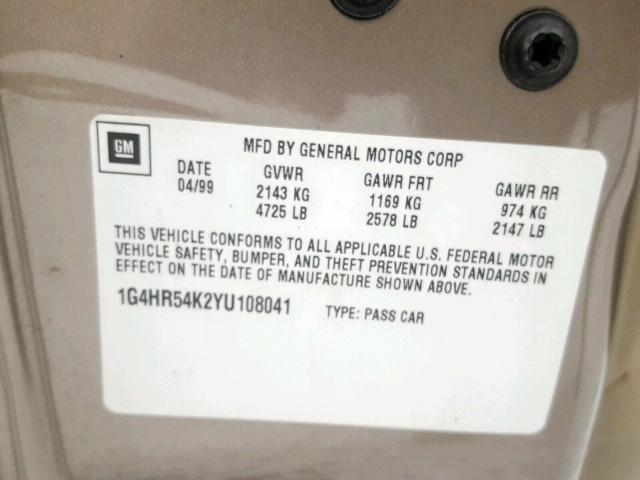 1G4HR54K2YU108041 - 2000 BUICK LESABRE LI GOLD photo 10