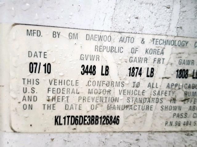 KL1TD6DE3BB126846 - 2011 CHEVROLET AVEO LS WHITE photo 10