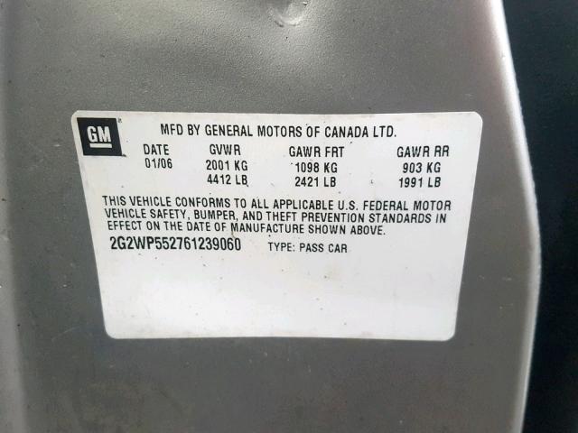 2G2WP552761239060 - 2006 PONTIAC GRAND PRIX ვერცხლისფერი ფოტო 10