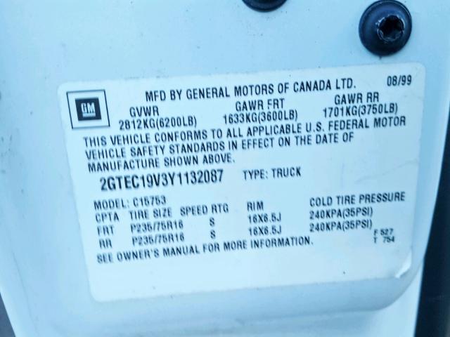 2GTEC19V3Y1132087 - 2000 GMC NEW SIERRA WHITE photo 10