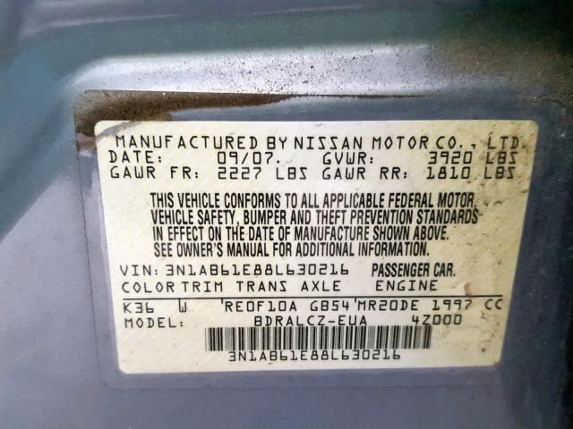 3N1AB61E88L630216 - 2008 NISSAN SENTRA 2.0 SILVER photo 10