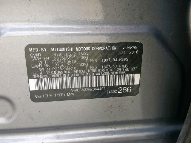 JA4AD3A32GZ064494 - 2016 MITSUBISHI OUTLANDER SILVER photo 10