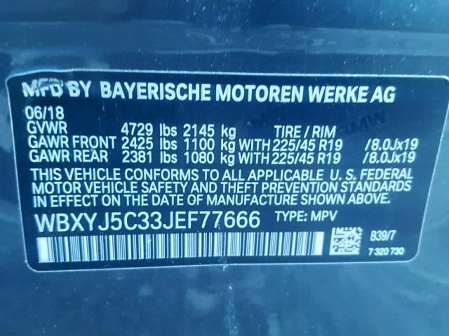 WBXYJ5C33JEF77666 - 2018 BMW X2 XDRIVE2 GRAY photo 10