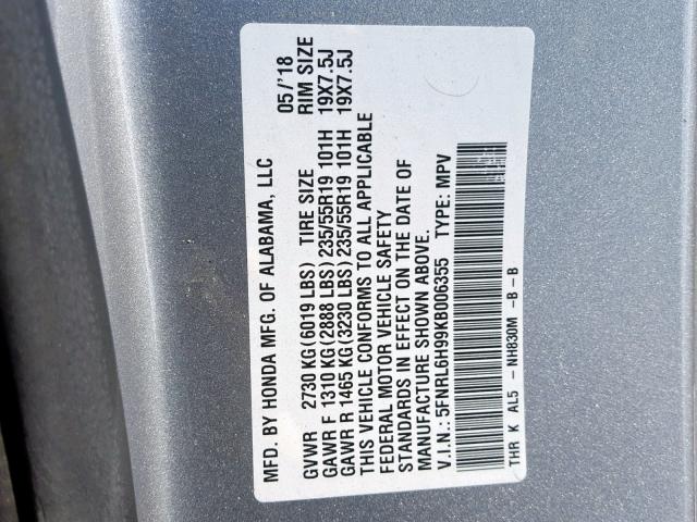 5FNRL6H99KB006355 - 2019 HONDA ODYSSEY EL SILVER photo 10