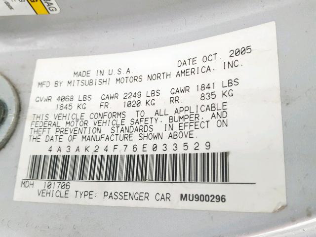 4A3AK24F76E033529 - 2006 MITSUBISHI ECLIPSE GS SILVER photo 10