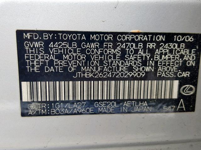 JTHBK262472029909 - 2007 LEXUS IS 250 SILVER photo 10