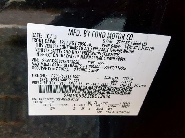 2FMGK5B82EBD13626 - 2014 FORD FLEX SE BLACK photo 10