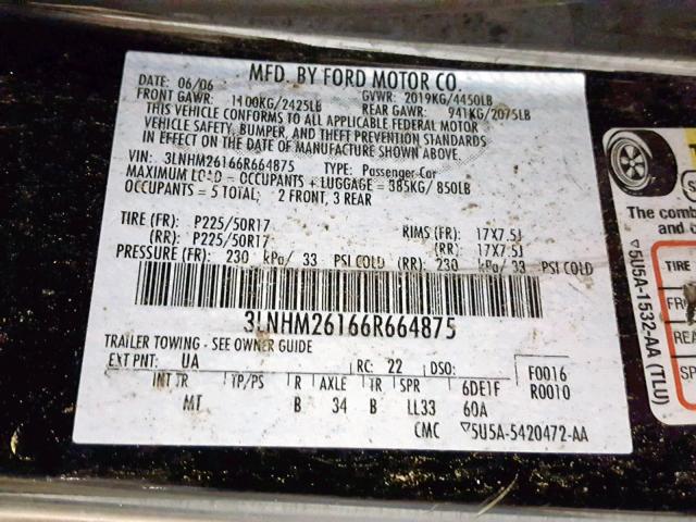 3LNHM26166R664875 - 2006 LINCOLN ZEPHYR BLACK photo 10