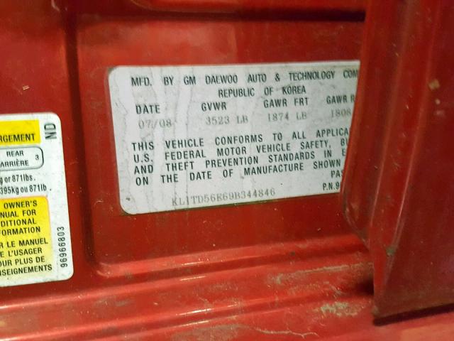 KL1TD56E69B344846 - 2009 CHEVROLET AVEO LS RED photo 10