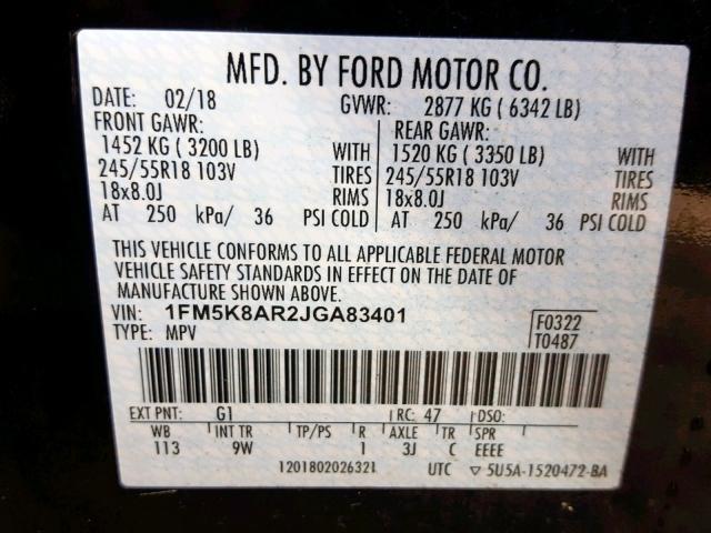 1FM5K8AR2JGA83401 - 2018 FORD EXPLORER P BLACK photo 10