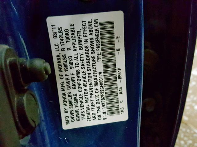 19XFB2F22CE000179 - 2012 HONDA CIVIC DX BLUE photo 10