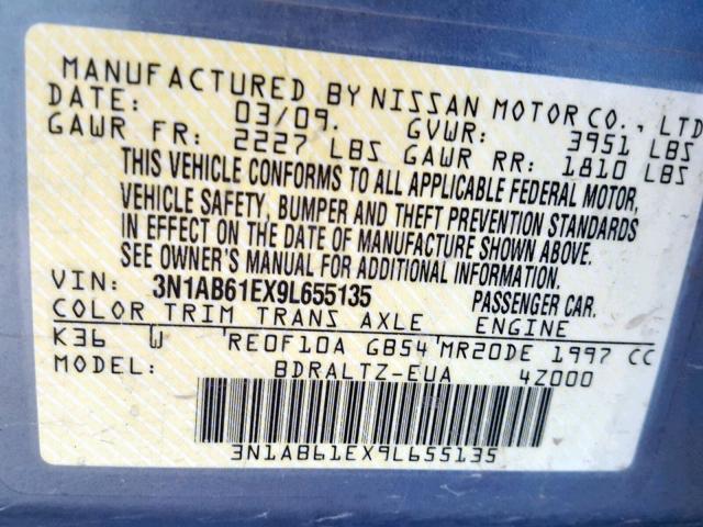 3N1AB61EX9L655135 - 2009 NISSAN SENTRA 2.0 GRAY photo 10