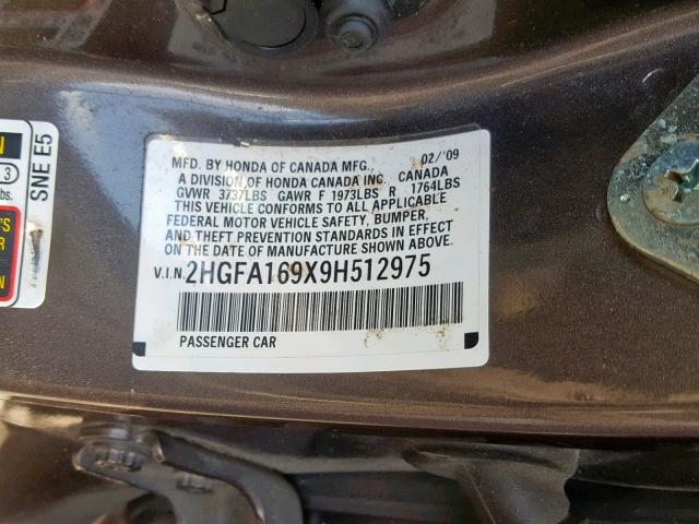 2HGFA169X9H512975 - 2009 HONDA CIVIC EXL GRAY photo 10