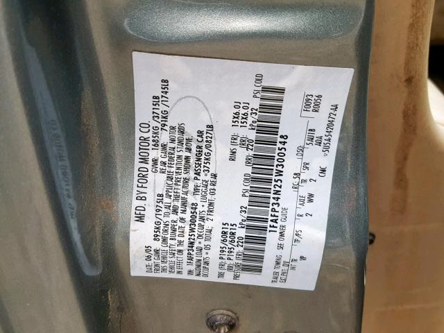 1FAFP34N25W300548 - 2005 FORD FOCUS ZX4 GREEN photo 10