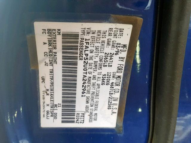 1FALP52U0TA242961 - 1996 FORD TAURUS GL BLUE photo 10