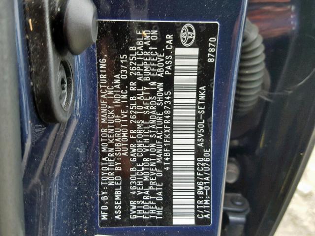 4T4BF1FKXFR487345 - 2015 TOYOTA CAMRY LE BLUE photo 10
