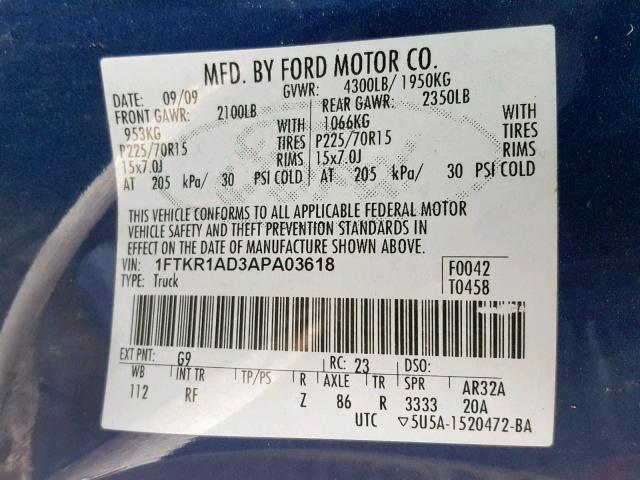 1FTKR1AD3APA03618 - 2010 FORD RANGER BLUE photo 10