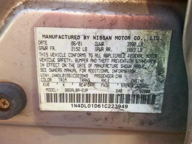 1N4DL01D61C223949 - 2001 NISSAN ALTIMA XE TAN photo 10