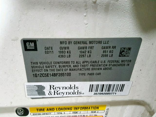 1G1ZC5E14BF285100 - 2011 CHEVROLET MALIBU 1LT თეთრი ფოტო 10