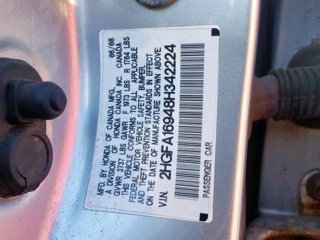 2HGFA16948H342224 - 2008 HONDA CIVIC EXL GRAY photo 10