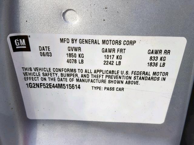 1G2NF52E44M515614 - 2004 PONTIAC GRAND AM SILVER photo 10