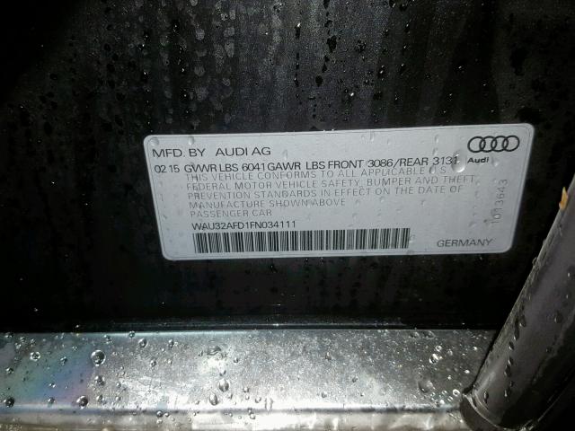 WAU32AFD1FN034111 - 2015 AUDI A8 L QUATT BLACK photo 10