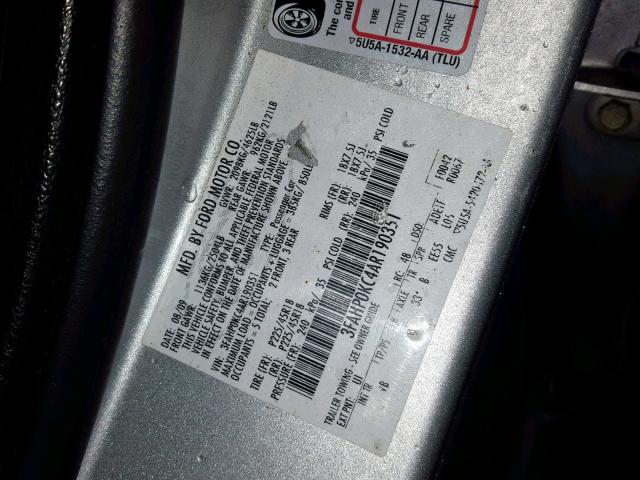 3FAHP0KC4AR190351 - 2010 FORD FUSION SPO SILVER photo 10