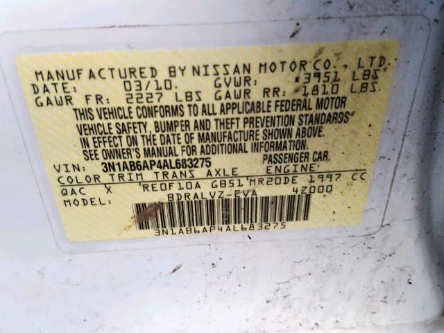 3N1AB6AP4AL683275 - 2010 NISSAN SENTRA 2.0 WHITE photo 10