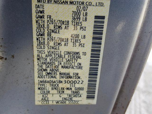 1N6BA06A58N300022 - 2008 NISSAN TITAN XE SILVER photo 10