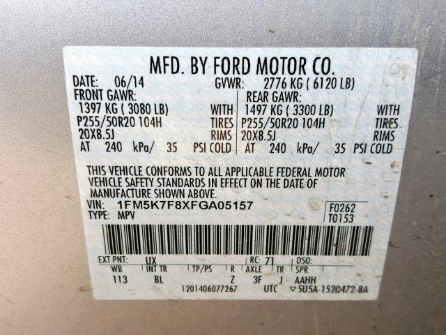 1FM5K7F8XFGA05157 - 2015 FORD EXPLORER L SILVER photo 10