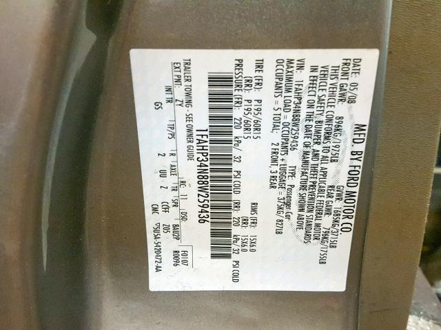 1FAHP34N88W259436 - 2008 FORD FOCUS S/SE SILVER photo 10