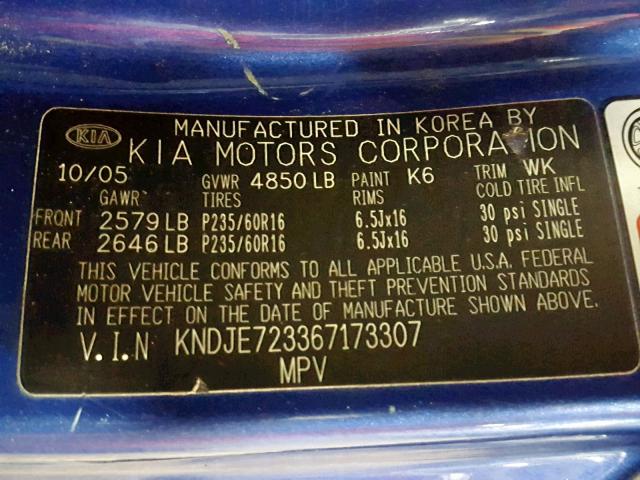 KNDJE723367173307 - 2006 KIA NEW SPORTA BLUE photo 10