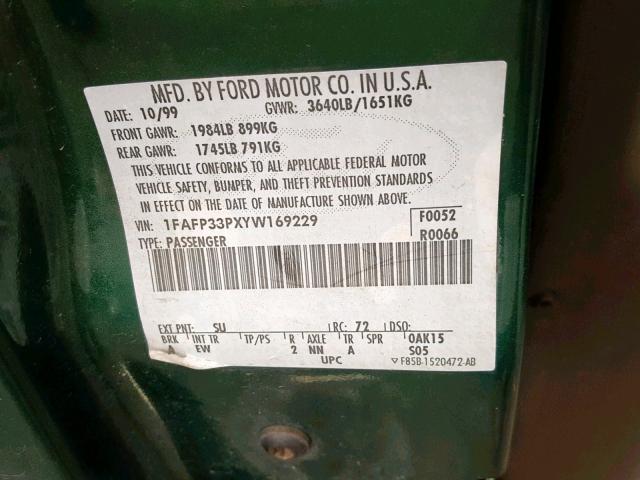 1FAFP33PXYW169229 - 2000 FORD FOCUS LX GREEN photo 10