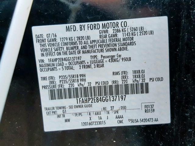 1FAHP2E84GG137197 - 2016 FORD TAURUS SEL BLACK photo 10