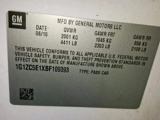 1G1ZC5E1XBF109393 - 2011 CHEVROLET MALIBU 1LT თეთრი ფოტო 10