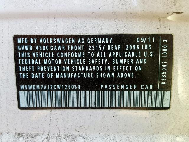 WVWDM7AJ2CW126058 - 2012 VOLKSWAGEN GOLF 白色 照片 10