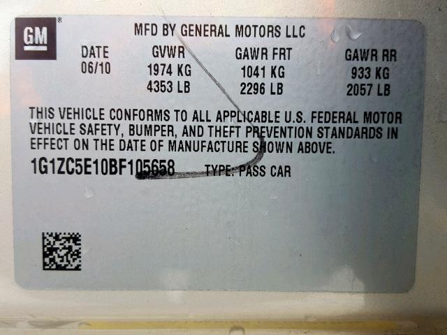 1G1ZC5E10BF105658 - 2011 CHEVROLET MALIBU 1LT TAN photo 10