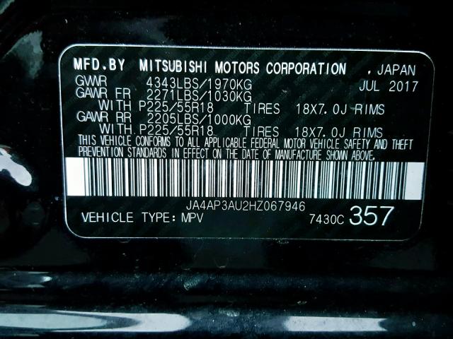 JA4AP3AU2HZ067946 - 2017 MITSUBISHI OUTLANDER BLACK photo 10