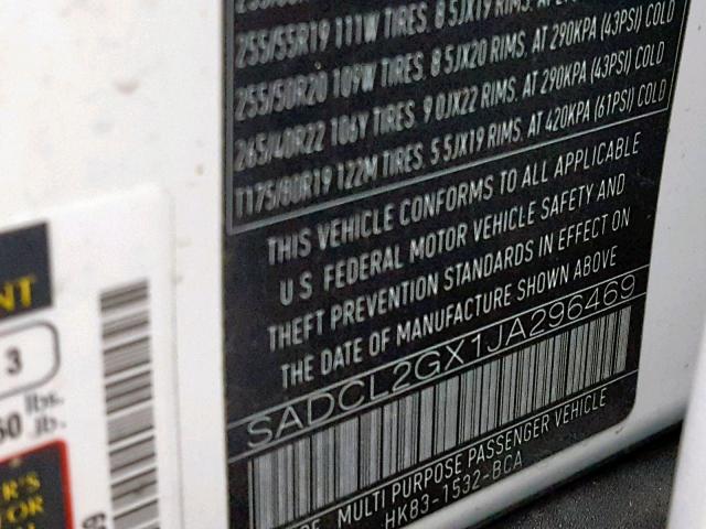 SADCL2GX1JA296469 - 2018 JAGUAR F-PACE R - WHITE photo 10