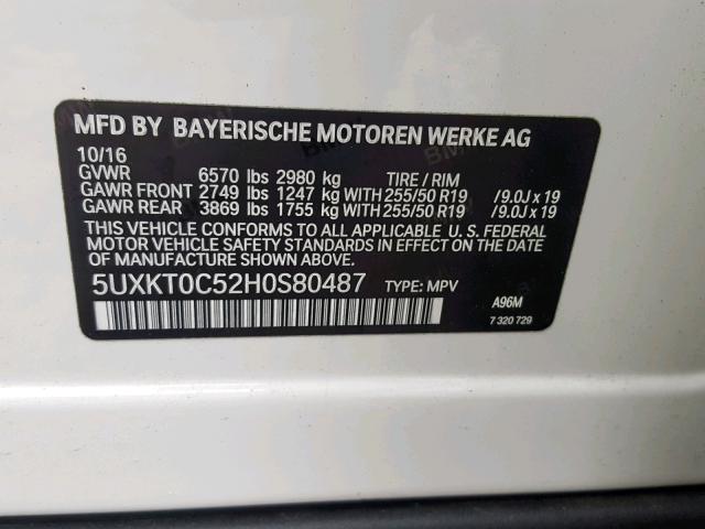 5UXKT0C52H0S80487 - 2017 BMW X5 XDR40E WHITE photo 10