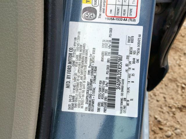 3FADP0L32CR357807 - 2012 FORD FUSION HYB BLUE photo 10