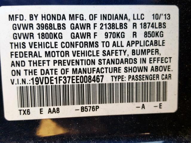 19VDE1F37EE008467 - 2014 ACURA ILX 20 BLUE photo 10