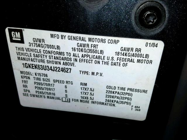 1GKEK63U34J224627 - 2004 GMC YUKON DENA CHARCOAL photo 10