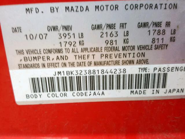 JM1BK323881844238 - 2008 MAZDA 3 S RED photo 10