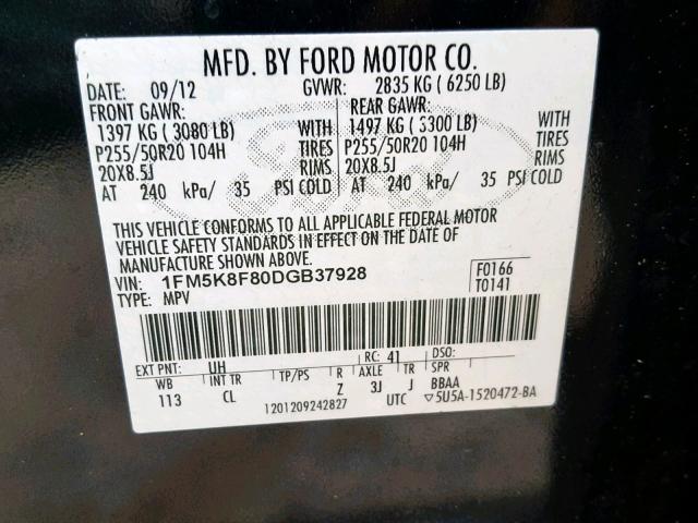 1FM5K8F80DGB37928 - 2013 FORD EXPLORER L BLACK photo 10